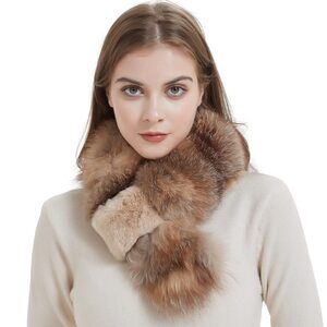 9113 Real Fox Fur Scarf With Rex Rabbit Trim, Cold
